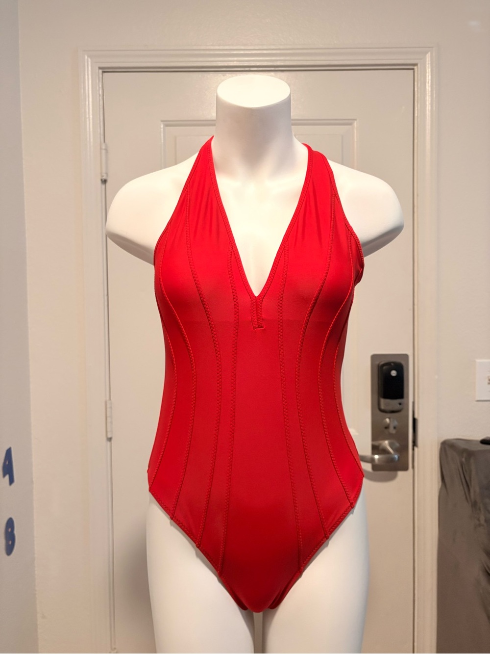 Zac Posen Red V-Neck One-Piece Swimsuit